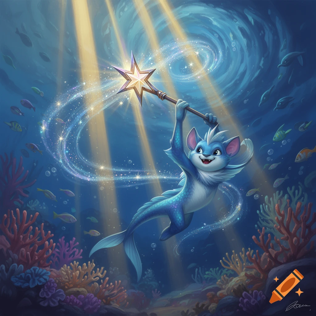 A joyful blue furry creature with a fish tail swings a glowing star wand underwater, surrounded by coral and fish, with sunbeams from above.