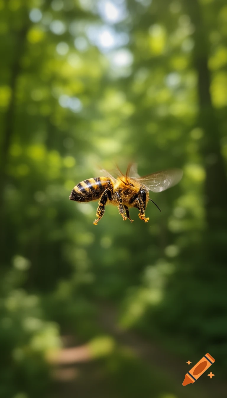 A close-up, photorealistic shot of a bee in mid-flight, carrying pollen, against a blurred green forest background.