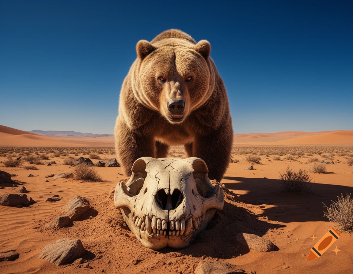 Photorealistic image of a brown bear standing behind a large animal skull in a vast, sunny desert with sand dunes.