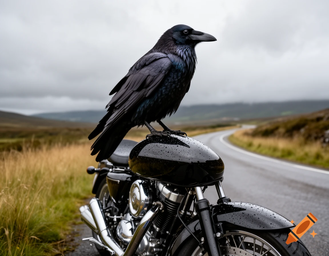 A black crow perches on a wet black motorcycle tank on a winding road under a cloudy sky.