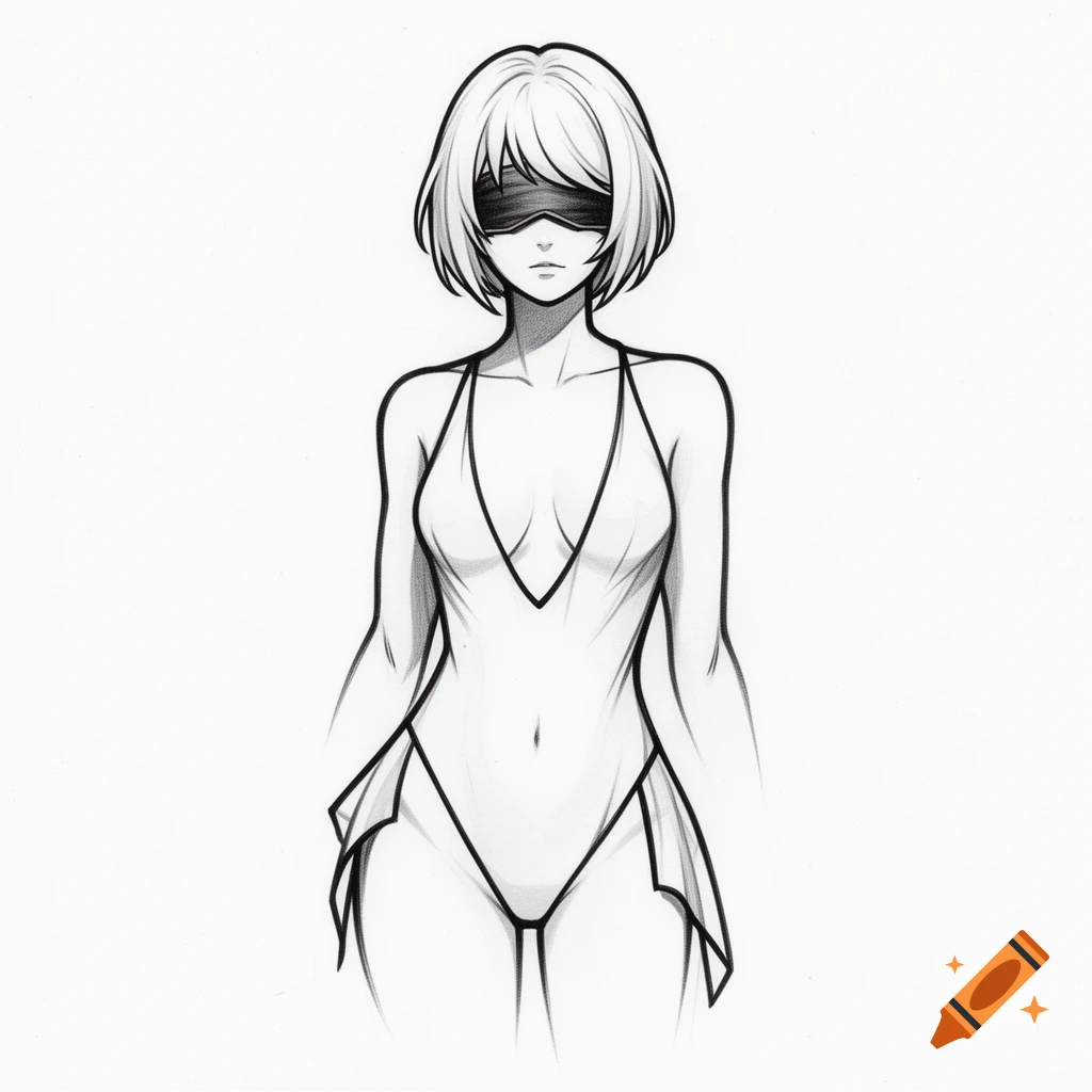 Black and white sketch of a stylized female character with short hair and a blindfold, wearing a deep V-neck swimsuit.