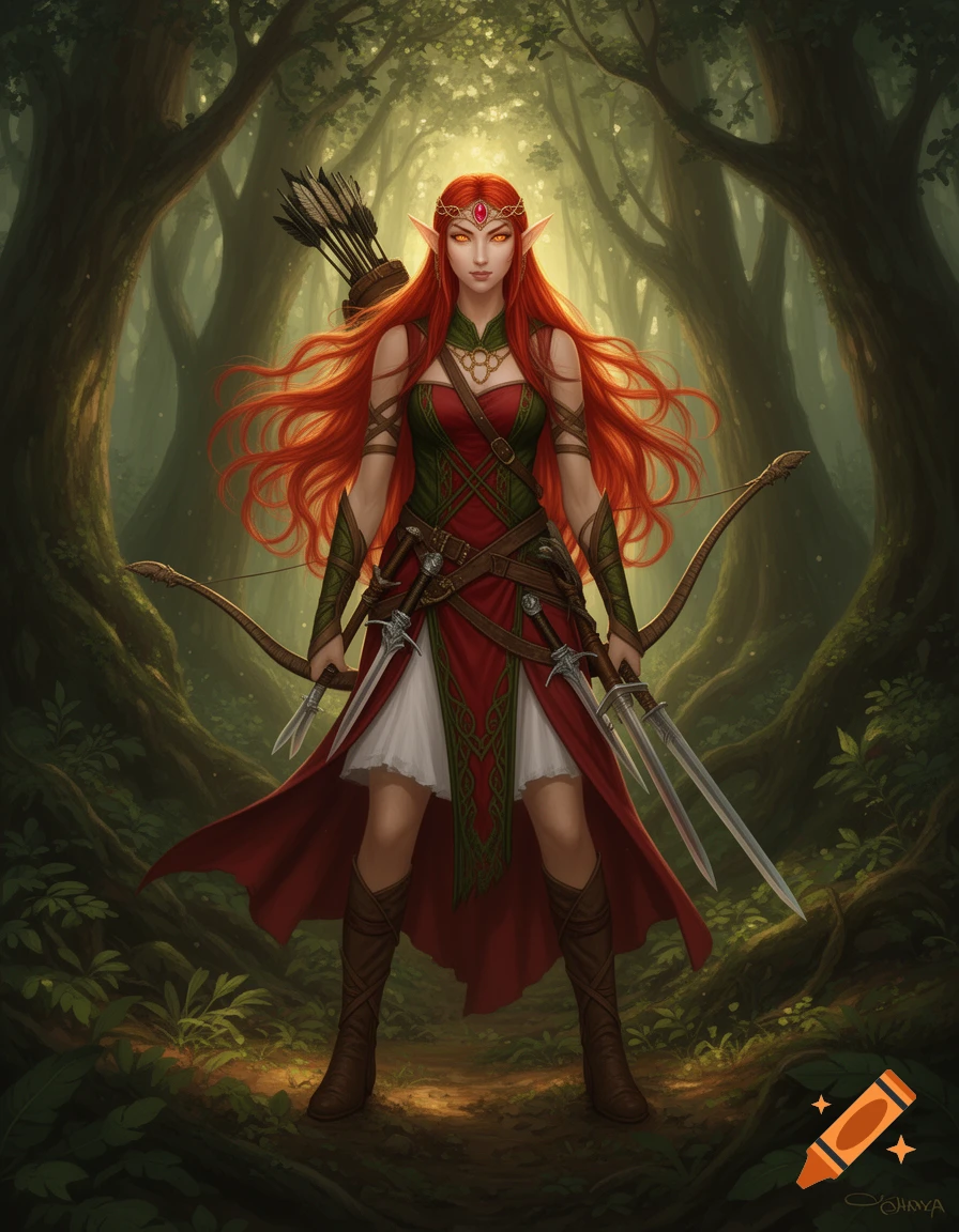 A red-haired female elf warrior with amber eyes stands in an enchanted forest, holding daggers and a bow, with a quiver on her back.