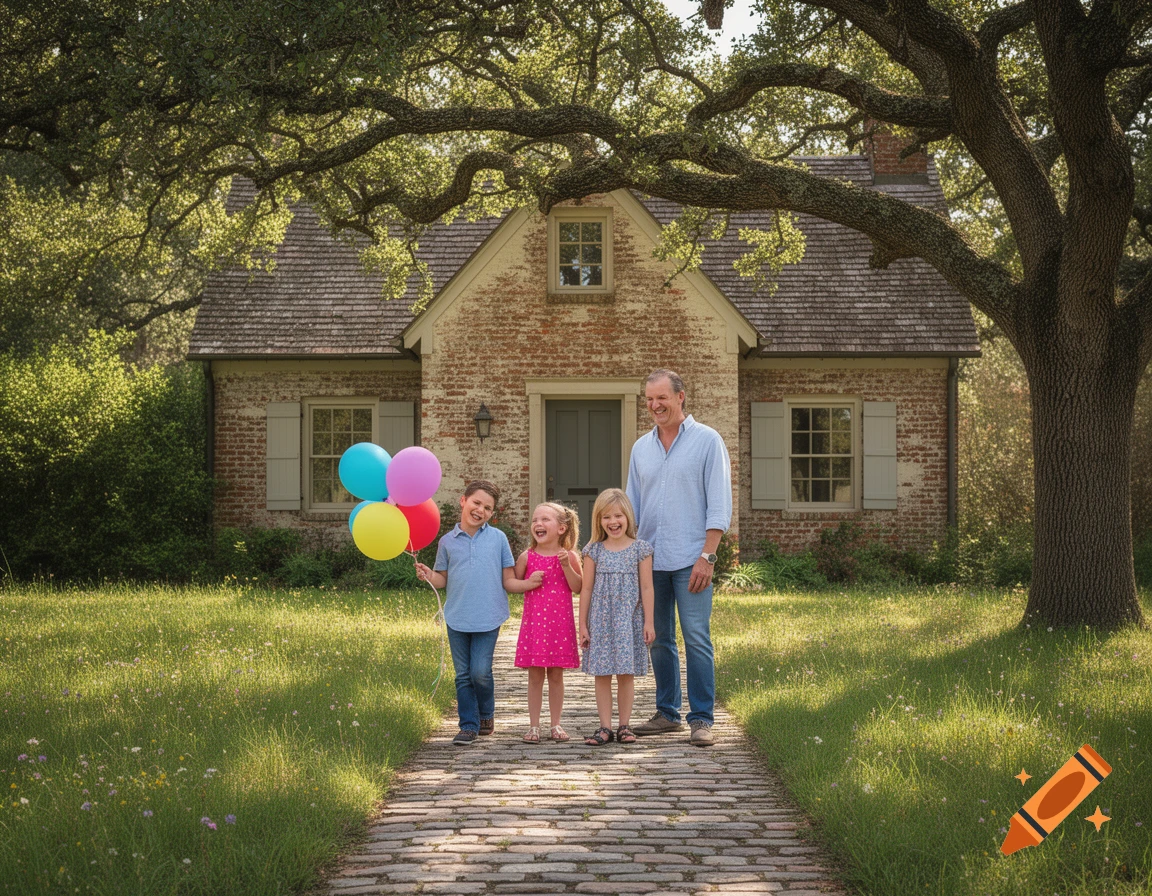 A smiling man and three children with colorful balloons stand on a cobblestone path in front of an old brick house with a large tree.