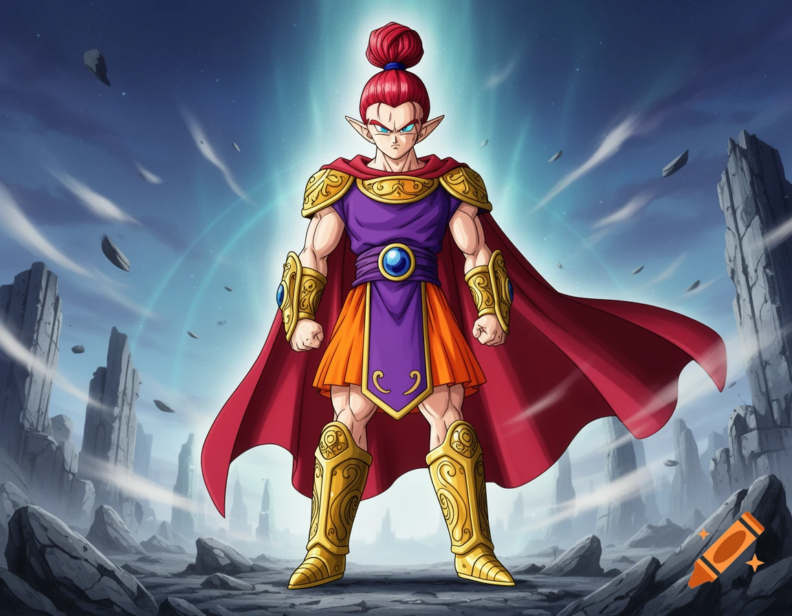 Anime character Tapion with red hair, elf ears, gold armor, purple tunic, and red cape, standing heroically in a rocky landscape.