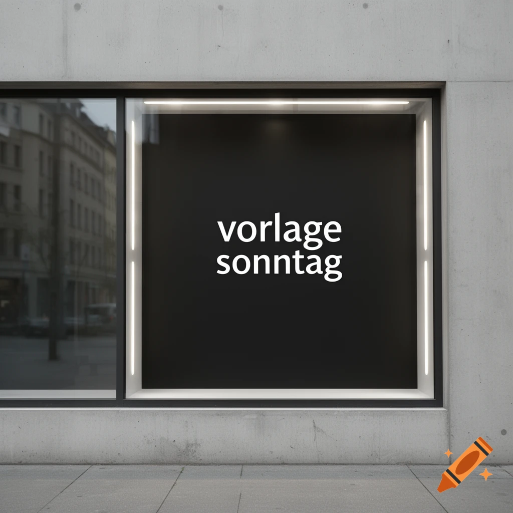 A modern building facade with a large black display window featuring the white text "vorlage sonntag", next to a reflective glass window showing a city street.