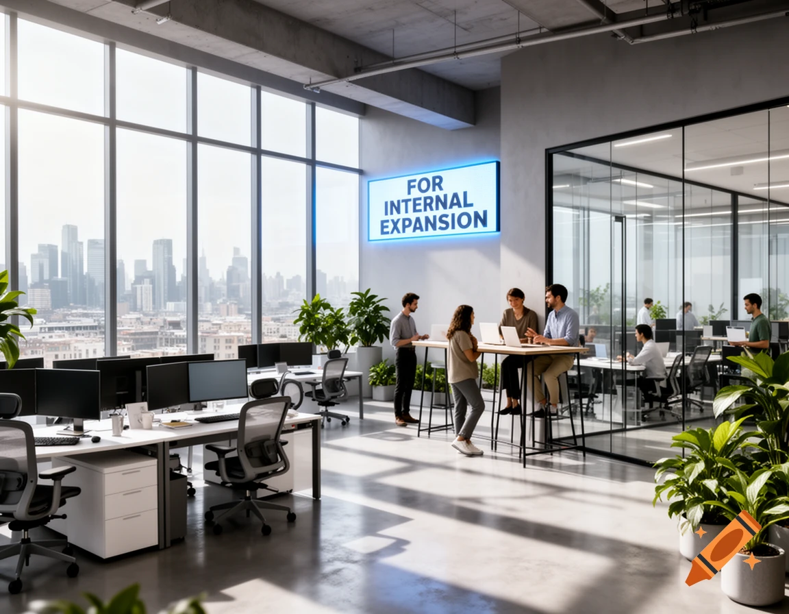 Bright, modern office with large windows overlooking a city. People work at desks and a standing table. A sign reads 'FOR INTERNAL EXPANSION'.