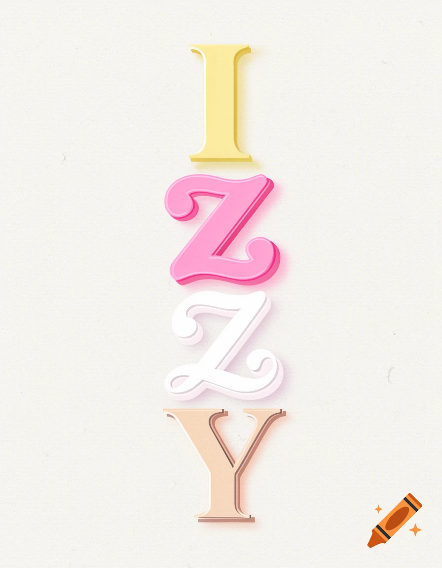 The word IZZY spelled vertically with yellow, pink, and white letters in different decorative 3D fonts on a light background.