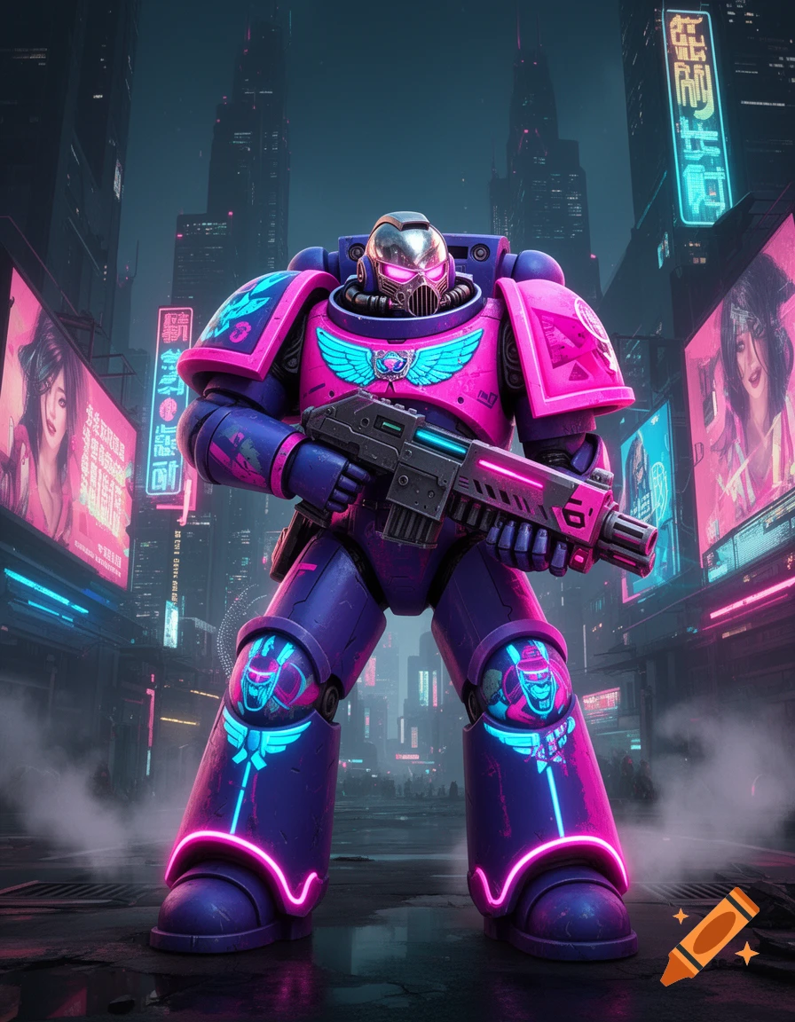 A Space Marine in vibrant pink and blue power armor stands in a neon-lit cyberpunk city, holding a futuristic rifle.