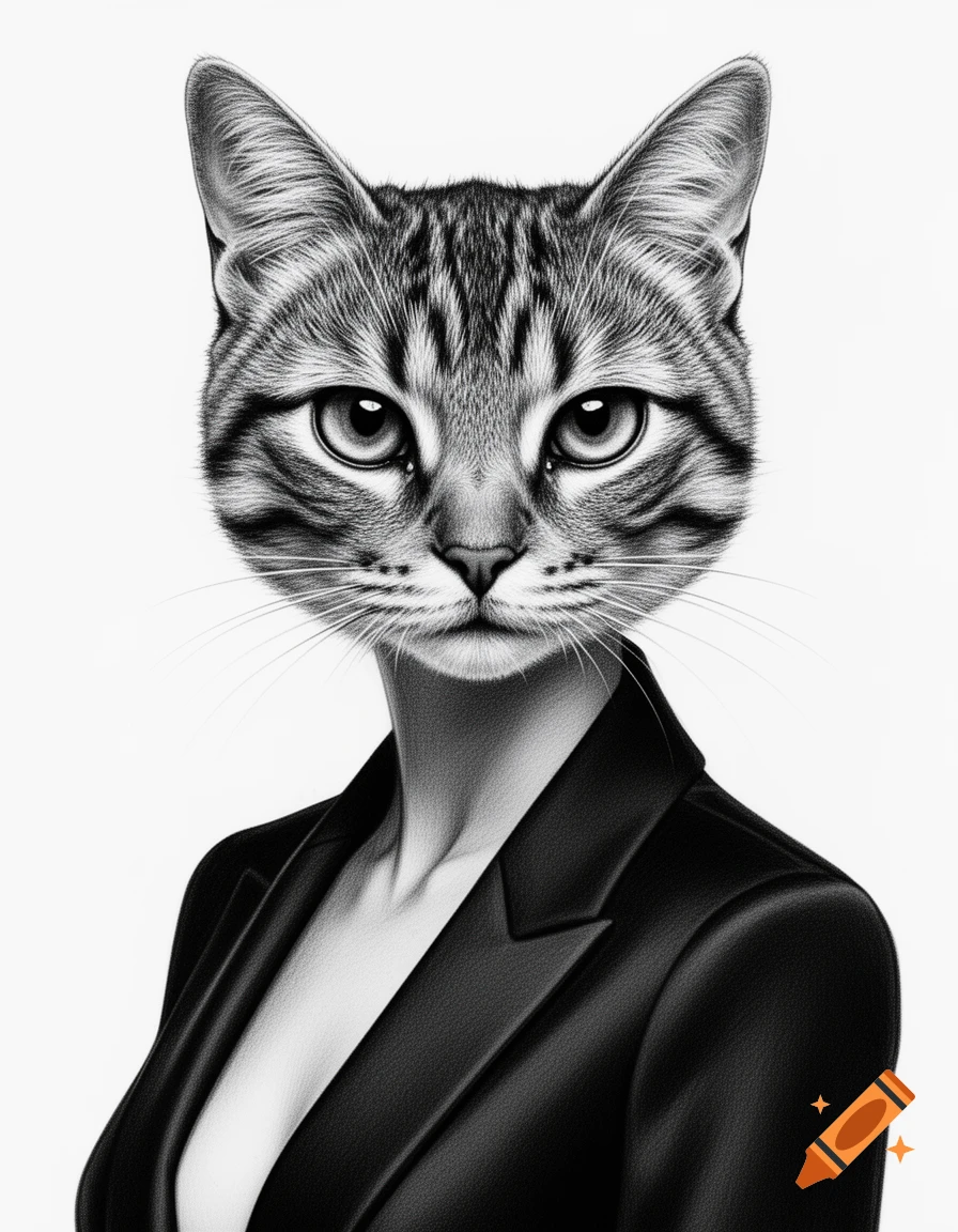 Black and white portrait of a person with a cat's head wearing a suit jacket.