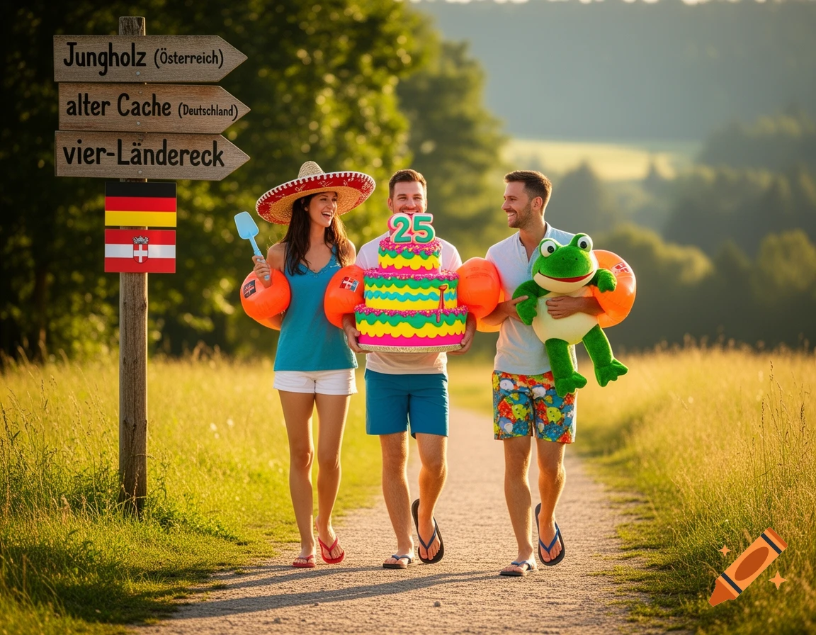 Three people, a woman in a sombrero and two men, walk on a sunny path, carrying a colorful birthday cake with '25', a frog mascot, and beach items.