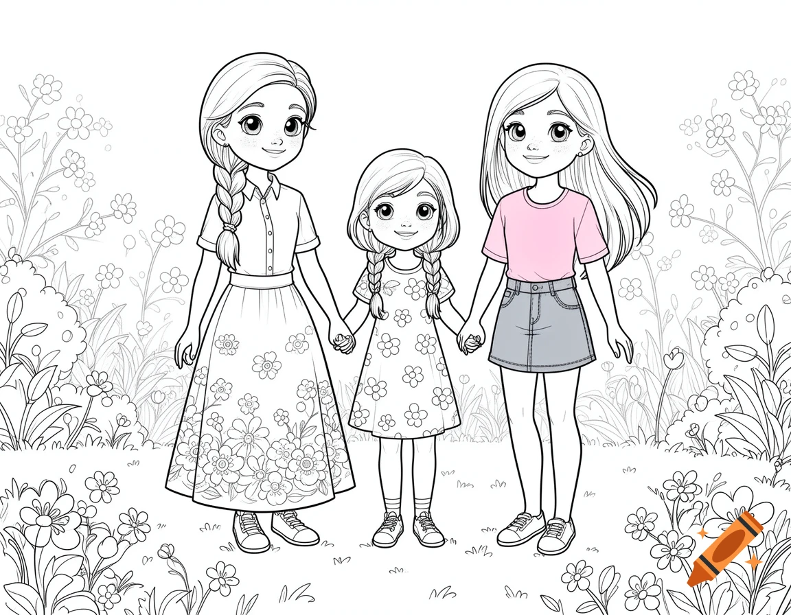 Line art coloring page of three girls holding hands in a flower garden, smiling.