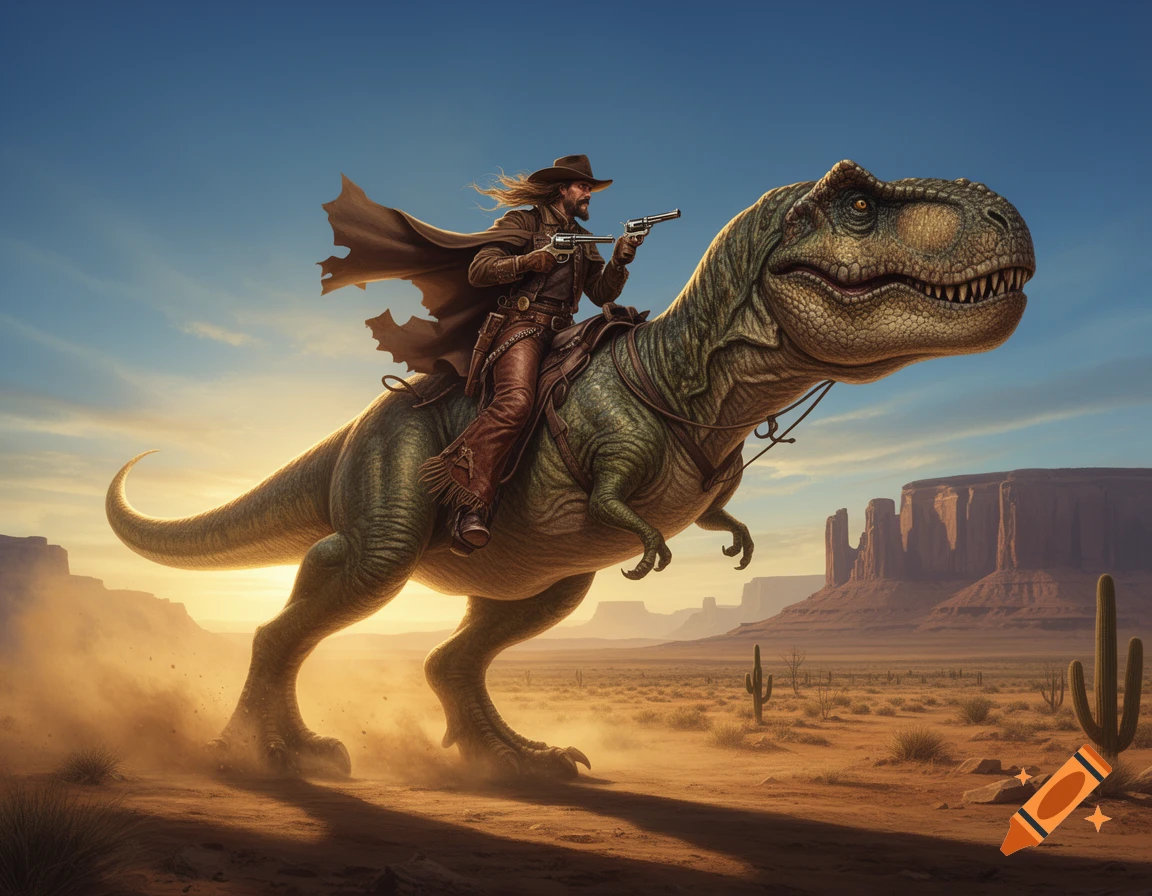 A cowboy rides a T-Rex through a dusty desert landscape with mesas and cacti in a digital fantasy art style, holding a pistol.