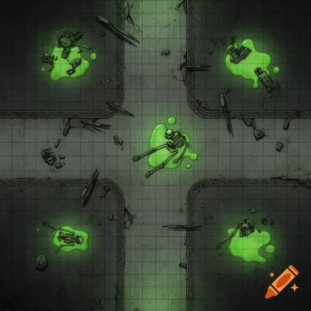 Top-down sci-fi dungeon map with concrete floors, glowing green radioactive puddles, and skeletal and robot remains on a grid.