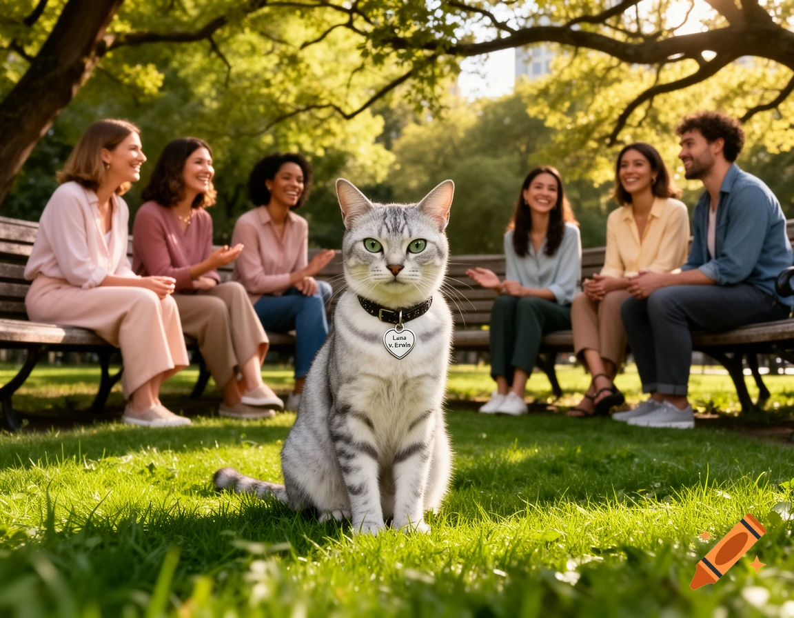 A grey tabby cat with green eyes sits on grass in a sunny park, with 'Luna v. Erwin' on its heart-shaped tag, and people on benches in the background.