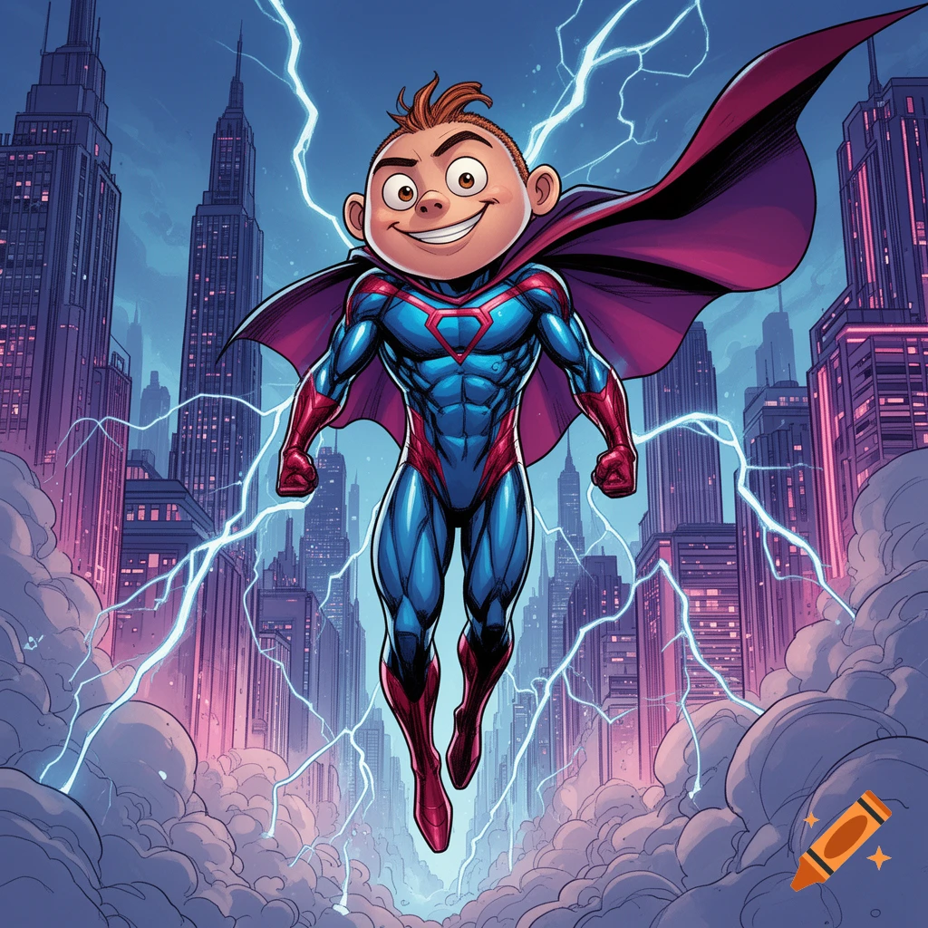A cartoon superhero resembling Sid from Toy Story, in a blue and red suit with a cape, flying above a city with lightning and clouds, in a comic book style.