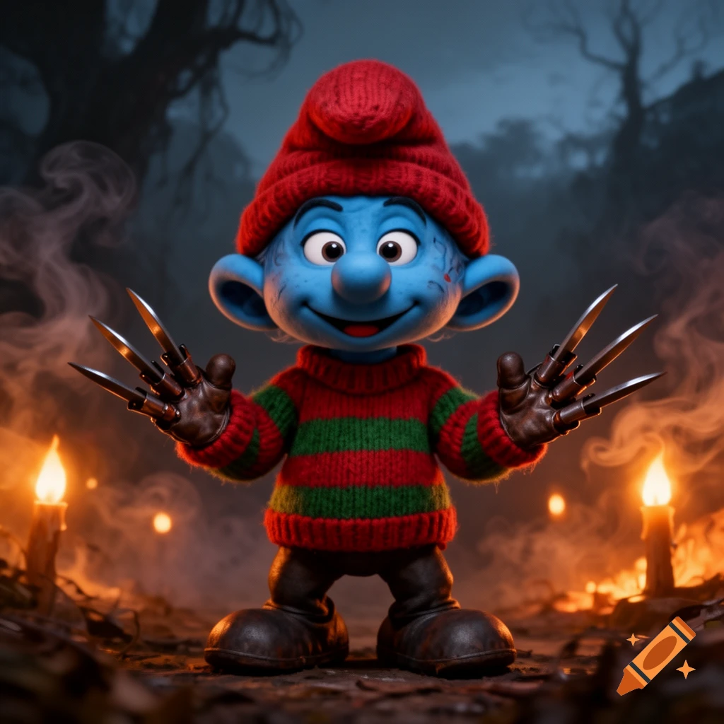 A blue Smurf dressed as Freddy Krueger with a striped sweater, red hat, and clawed gloves stands in a spooky forest with glowing candles.