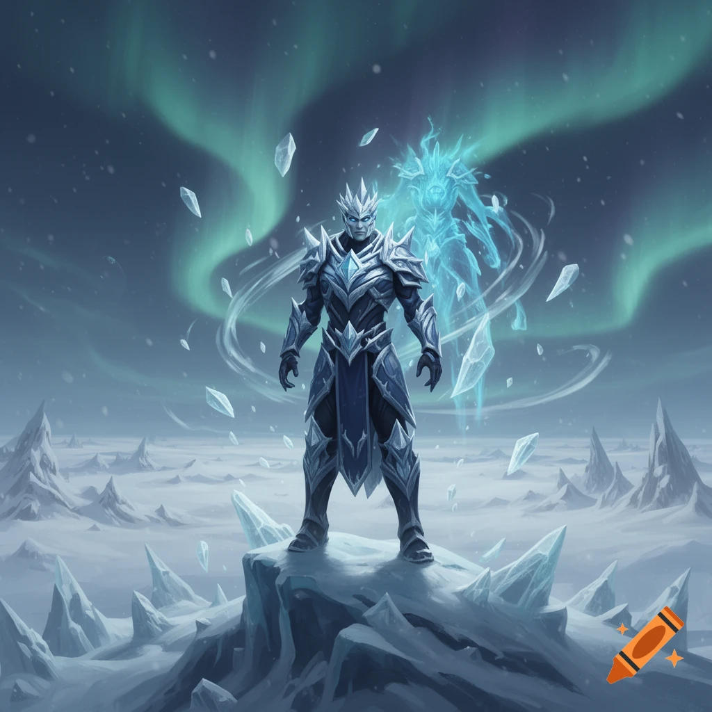 Fortnite-style Ice King in elaborate armor stands on an icy peak, with a glowing blue ghost and aurora borealis.