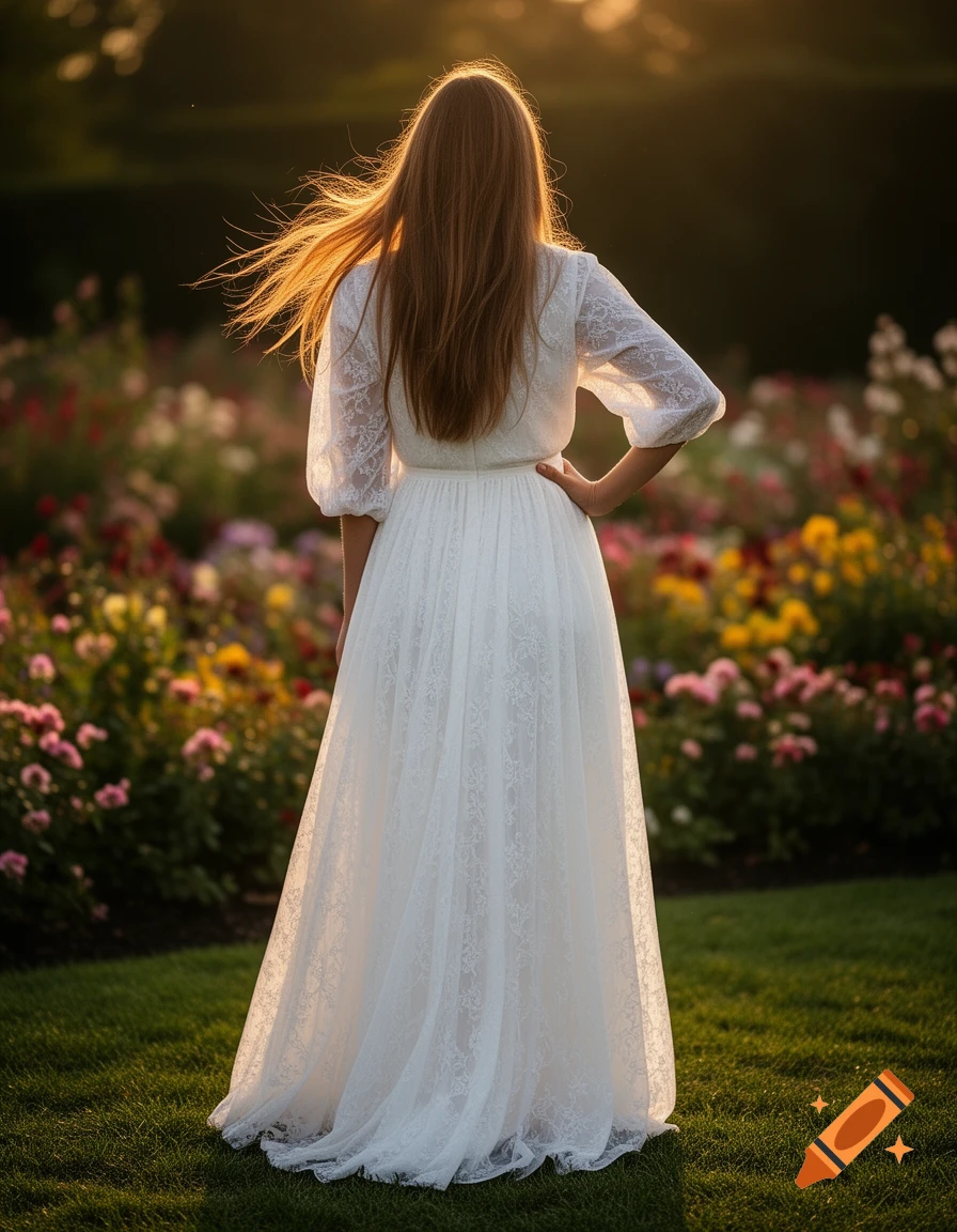 A woman in a long white dress stands facing away, looking out over a colorful flower garden bathed in golden sunset light.