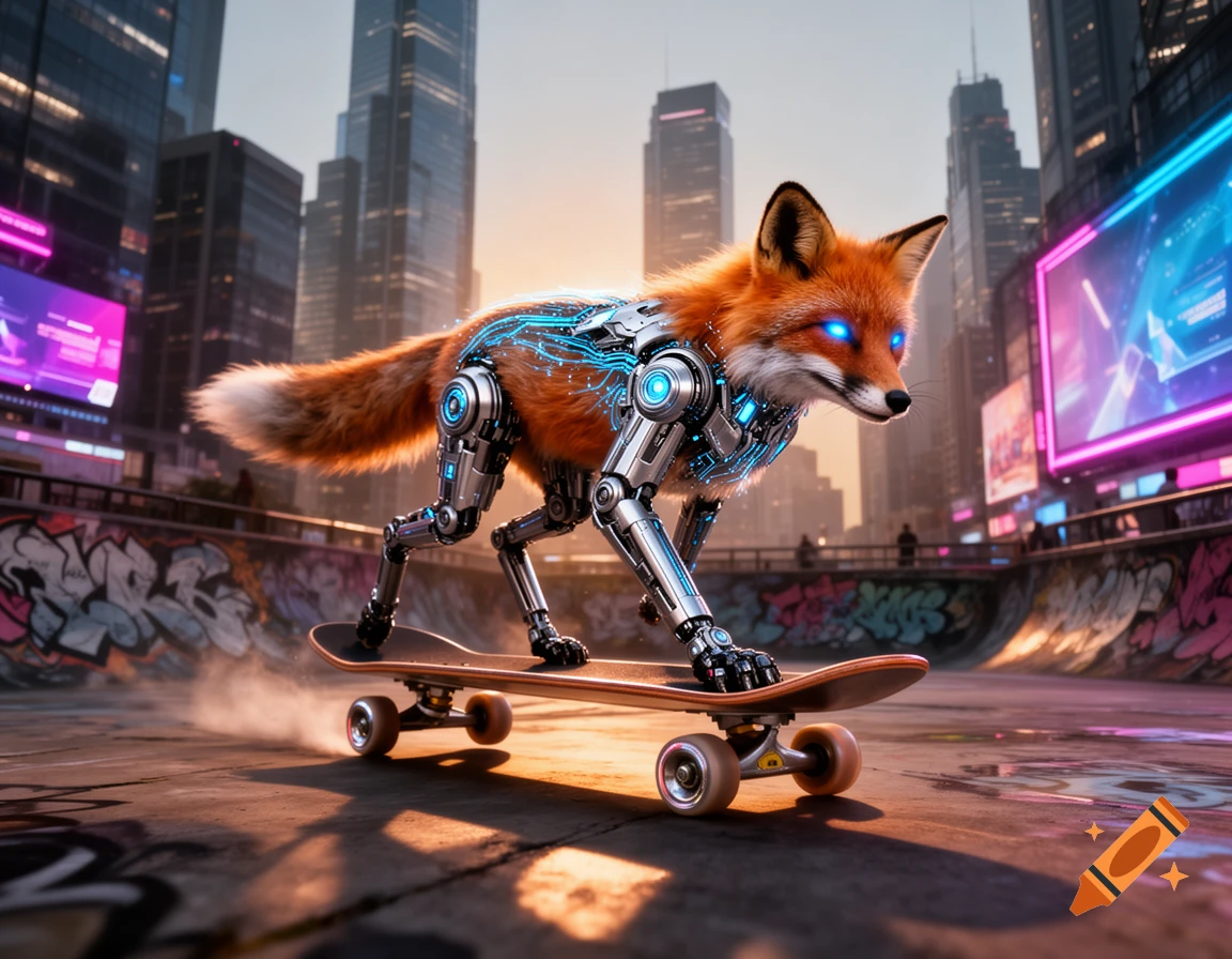A detailed cybernetic fox with glowing blue eyes skateboards in a gritty, neon-lit cyberpunk city.