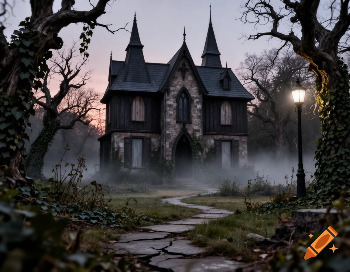 A spooky gothic mansion at dusk, surrounded by fog, bare trees, and an overgrown yard with a stone path and glowing lamppost.