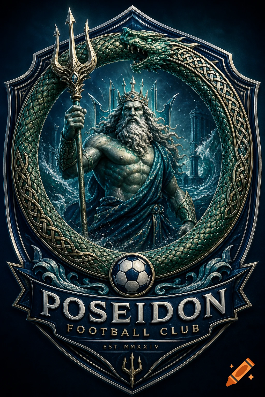 A detailed football club emblem featuring Poseidon holding a trident, encircled by an Ouroboros snake, with crashing waves and the text 'POSEIDON FOOTBALL CLUB'.