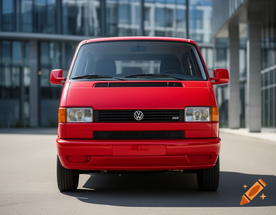 Front view of a shiny red Volkswagen T4 van parked on asphalt in front of a modern glass building on a sunny day.