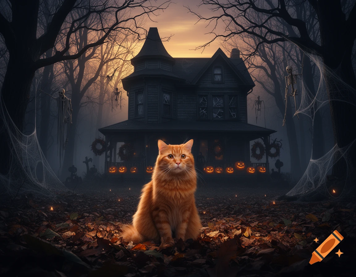 An orange cat sits amidst fallen leaves before a spooky haunted house with glowing jack-o'-lanterns and skeletal decorations.