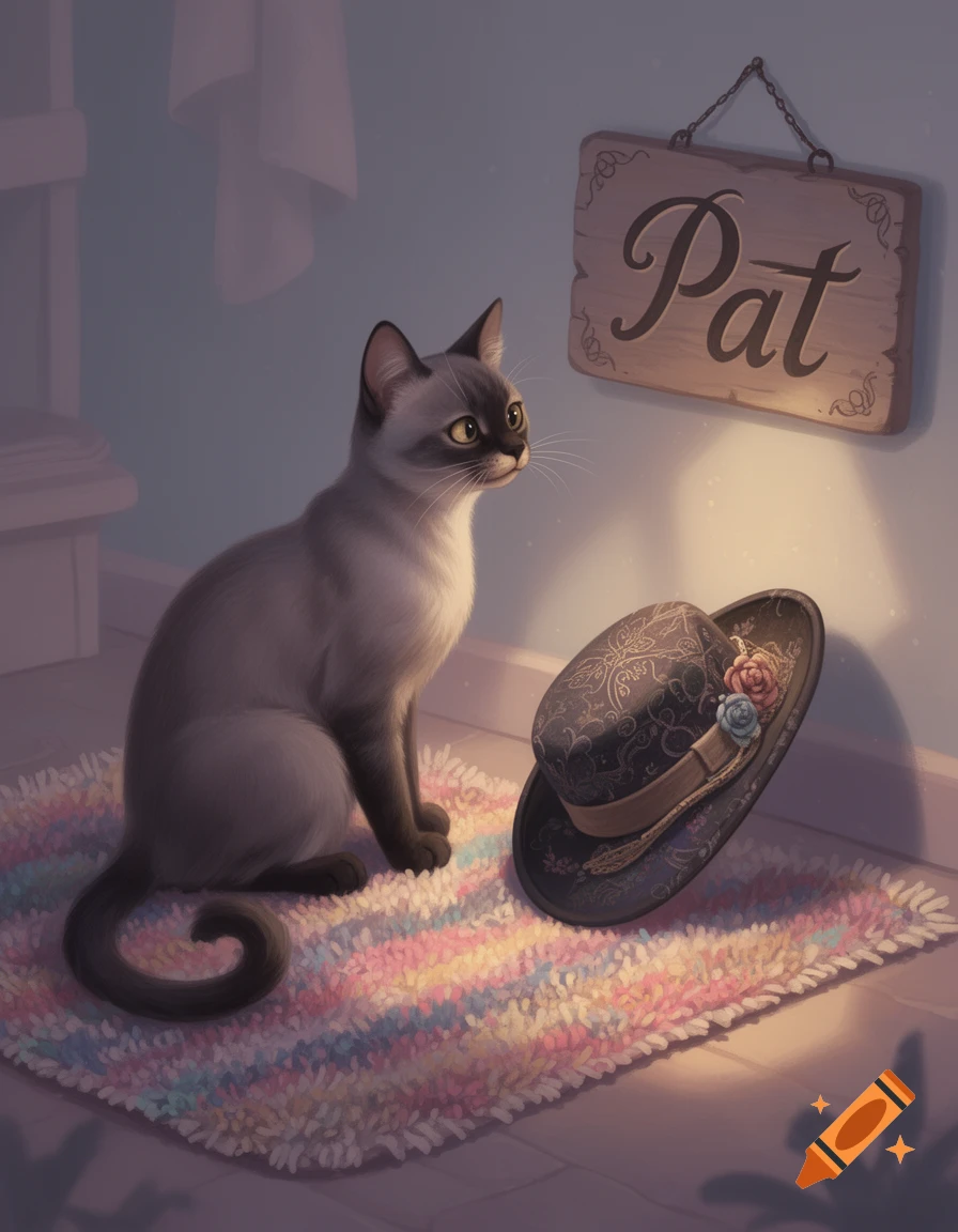 A Siamese cat sits on a colorful rug, looking at a decorated hat and a wooden sign with 'Pat' on the wall. Stylized illustration.
