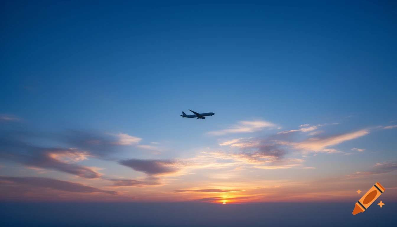 Silhouette of a commercial airplane flying across a dramatic sunset sky with deep blue and orange hues.
