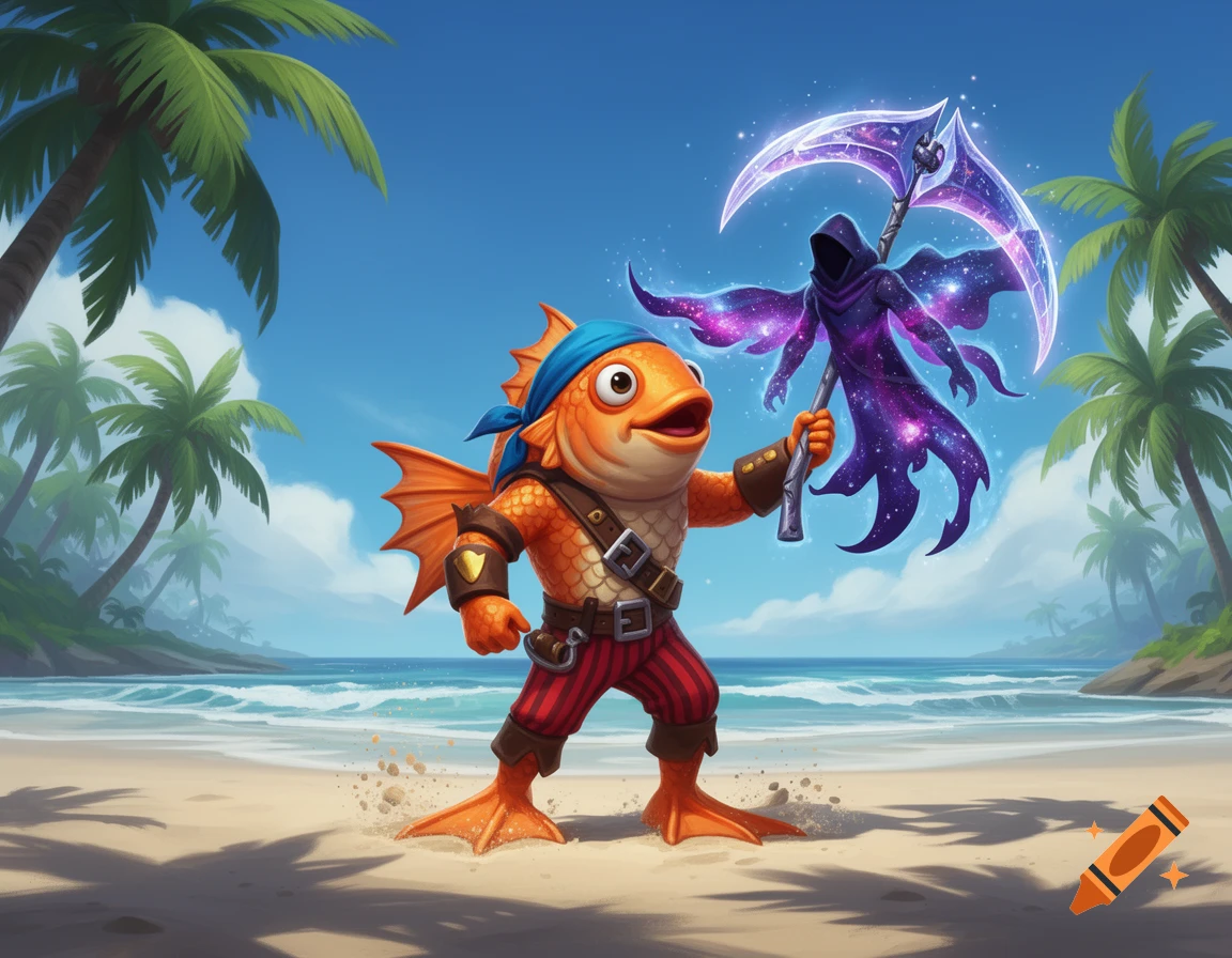 A cartoon orange fish character in pirate attire stands on a beach, holding a glowing purple galaxy-themed grim reaper scythe.