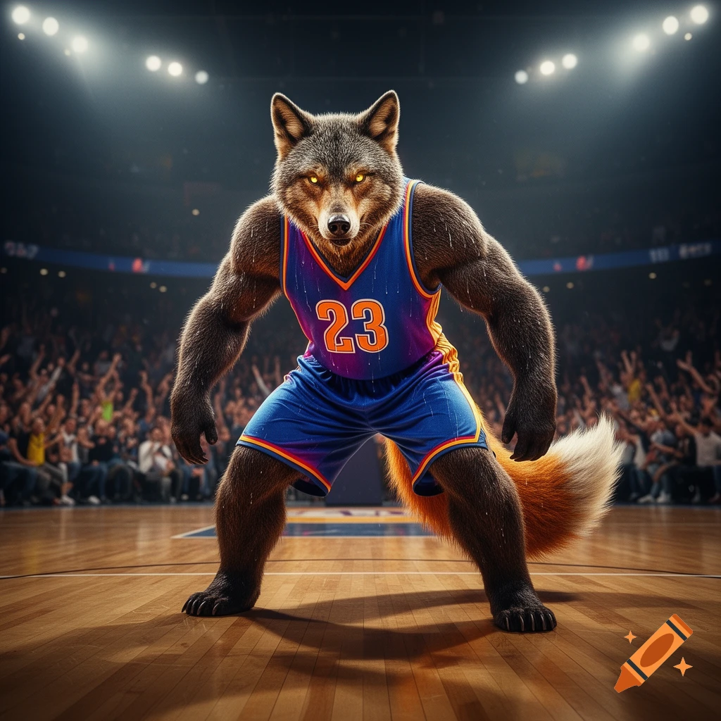 Photorealistic anthropomorphic wolf-like basketball player in blue and purple jersey with '23', in defensive stance on a court with a crowd.
