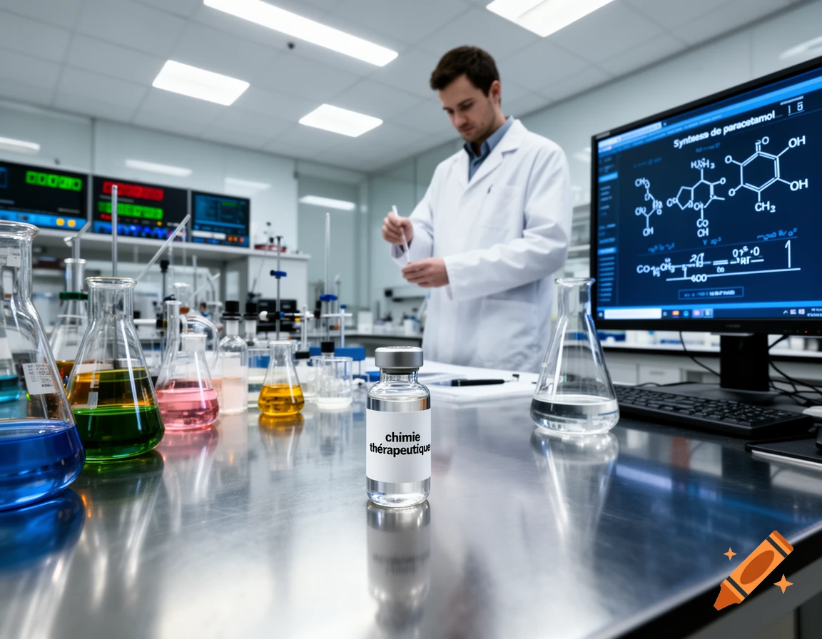 A scientist in a lab coat works in a modern chemistry lab, with a vial labeled "chimie thérapeutique" and a computer screen showing chemical structures of paracetamol.