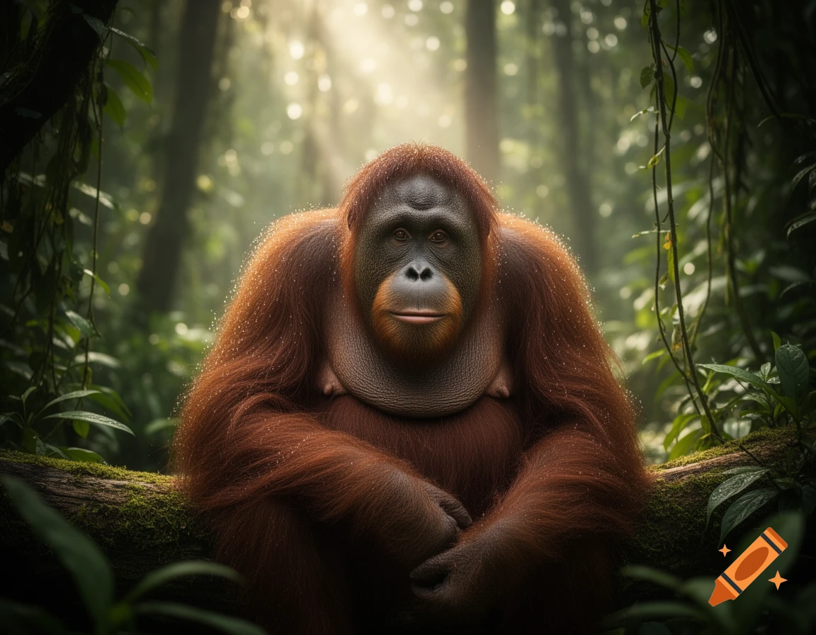 A large orangutan sits on a mossy log in a lush, sunlit tropical forest, looking directly forward.