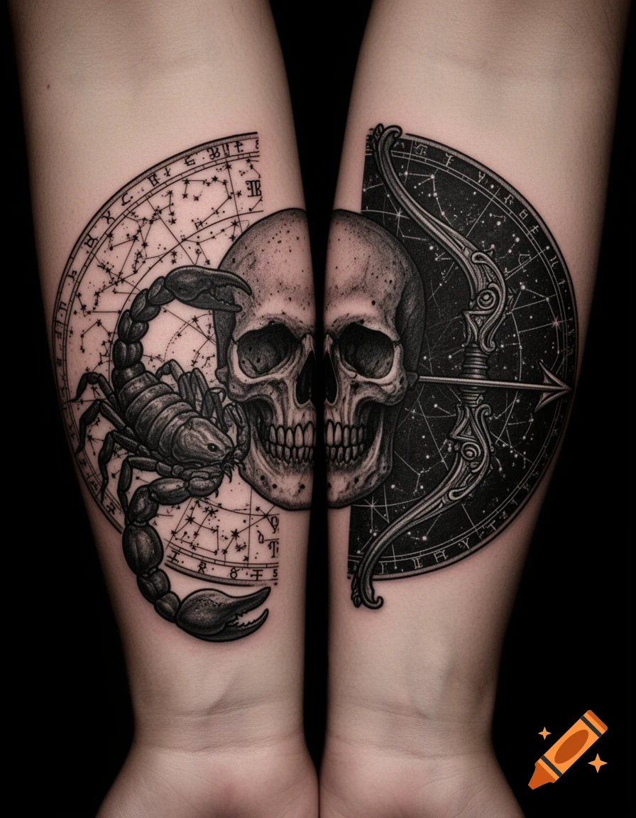 Close-up of two forearms with matching black and gray tattoos. When joined, they form a skull, a scorpion, a Sagittarius bow, and celestial maps with star patterns and symbols.