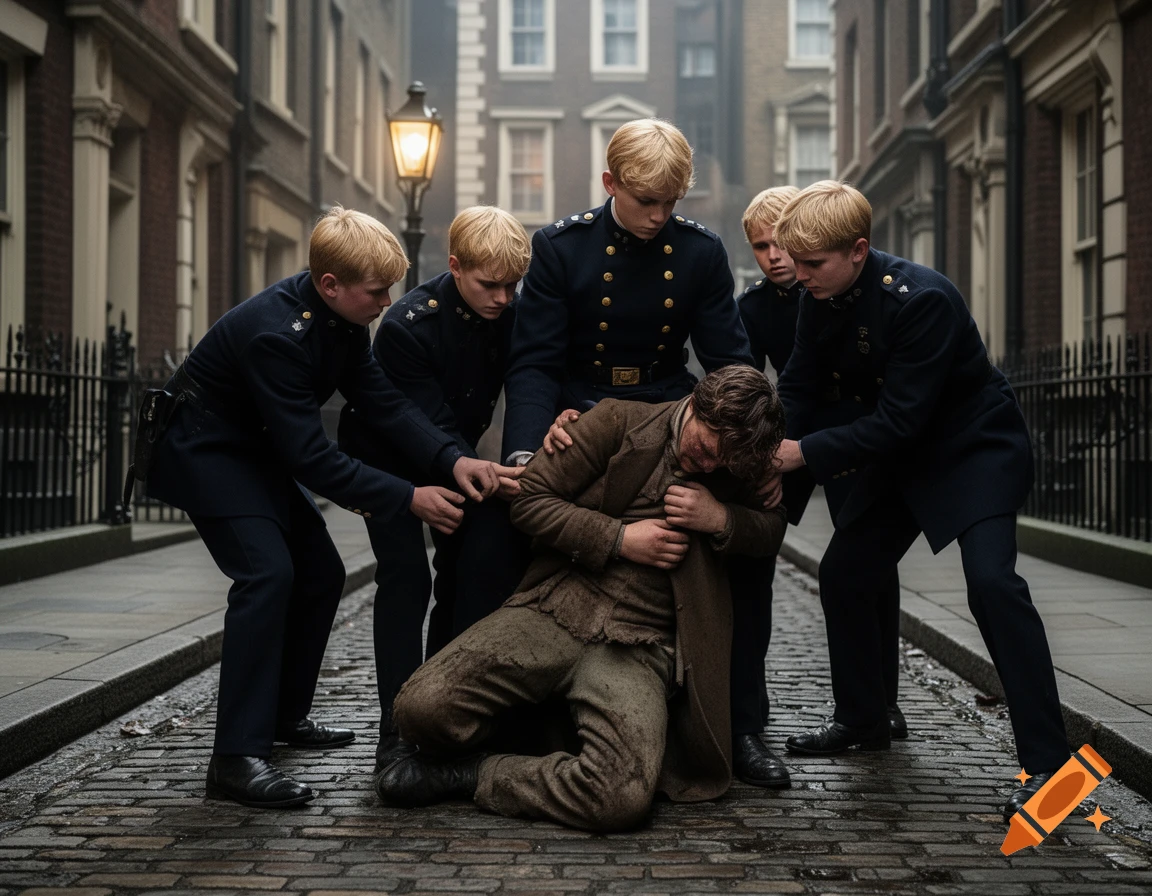 Five young blond officers in dark blue Victorian uniforms apprehend a man kneeling on a cobblestone street.