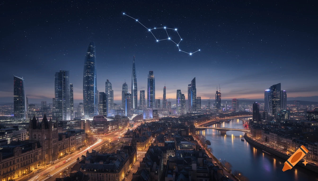 A vast city skyline at night with illuminated skyscrapers, a river, and a constellation visible in the dark starry sky.