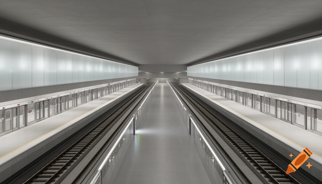 A long, empty, modern metro station with two tracks and two platforms, featuring frosted glass walls and automatic platform screen doors, rendered in a 3D architectural style.