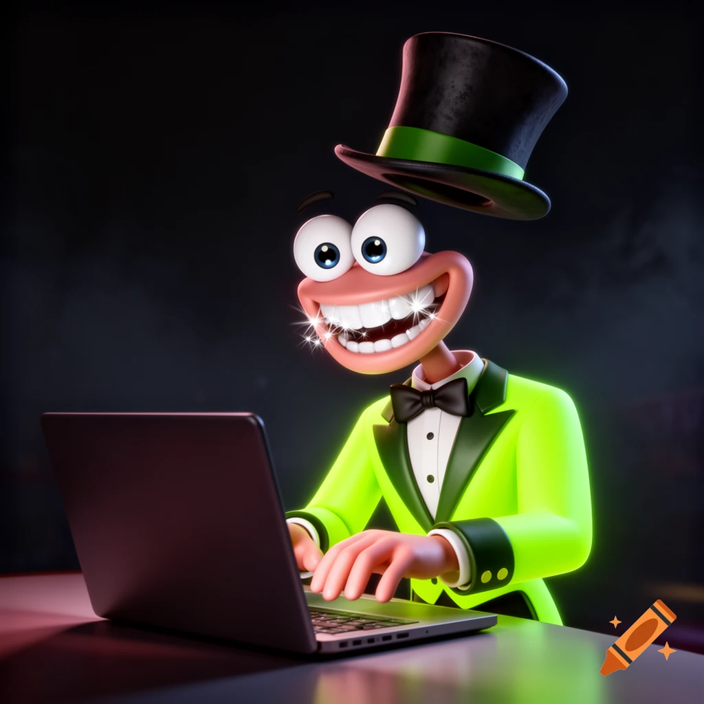 A 3D cartoon character with a floating mouth and big eyes, wearing a neon-green tuxedo and top hat, typing on a laptop.