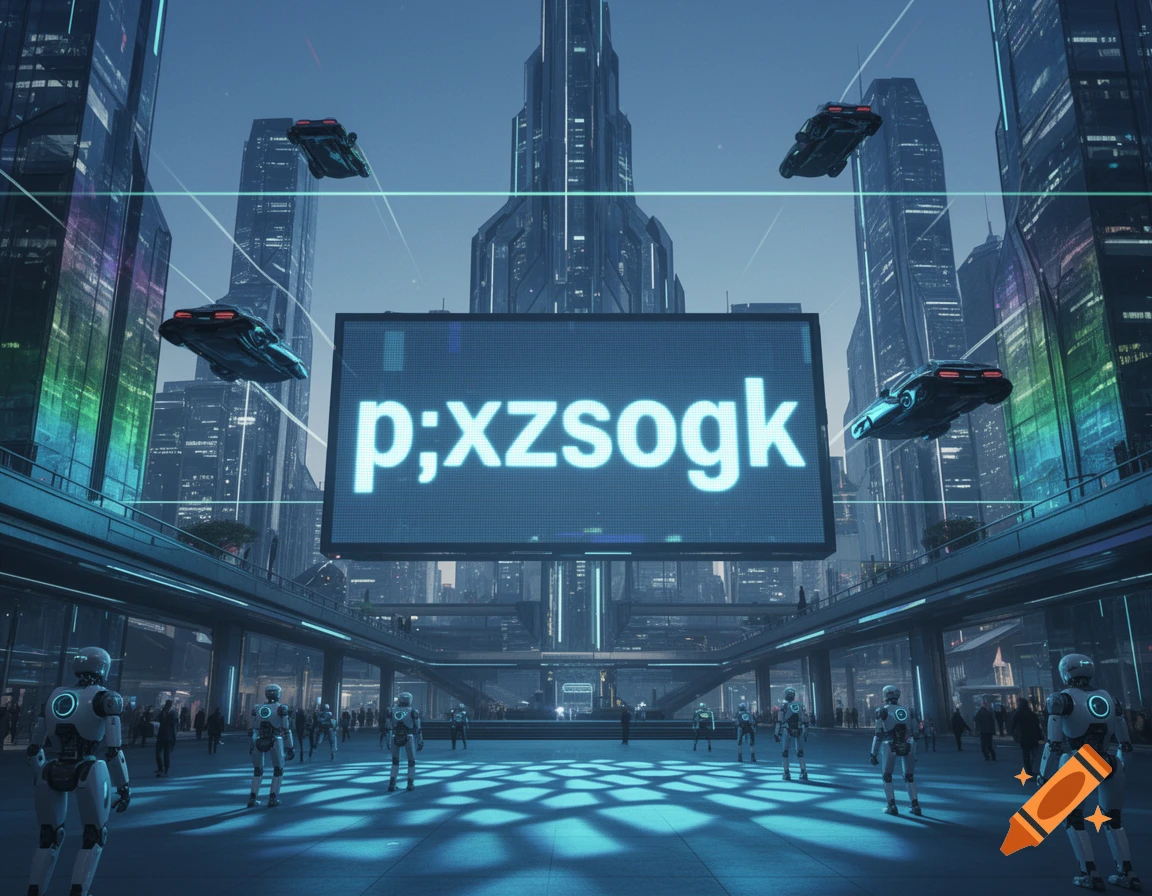 A futuristic cityscape with towering buildings, flying cars, and robots on a plaza beneath a large screen displaying "p;xzsogk".
