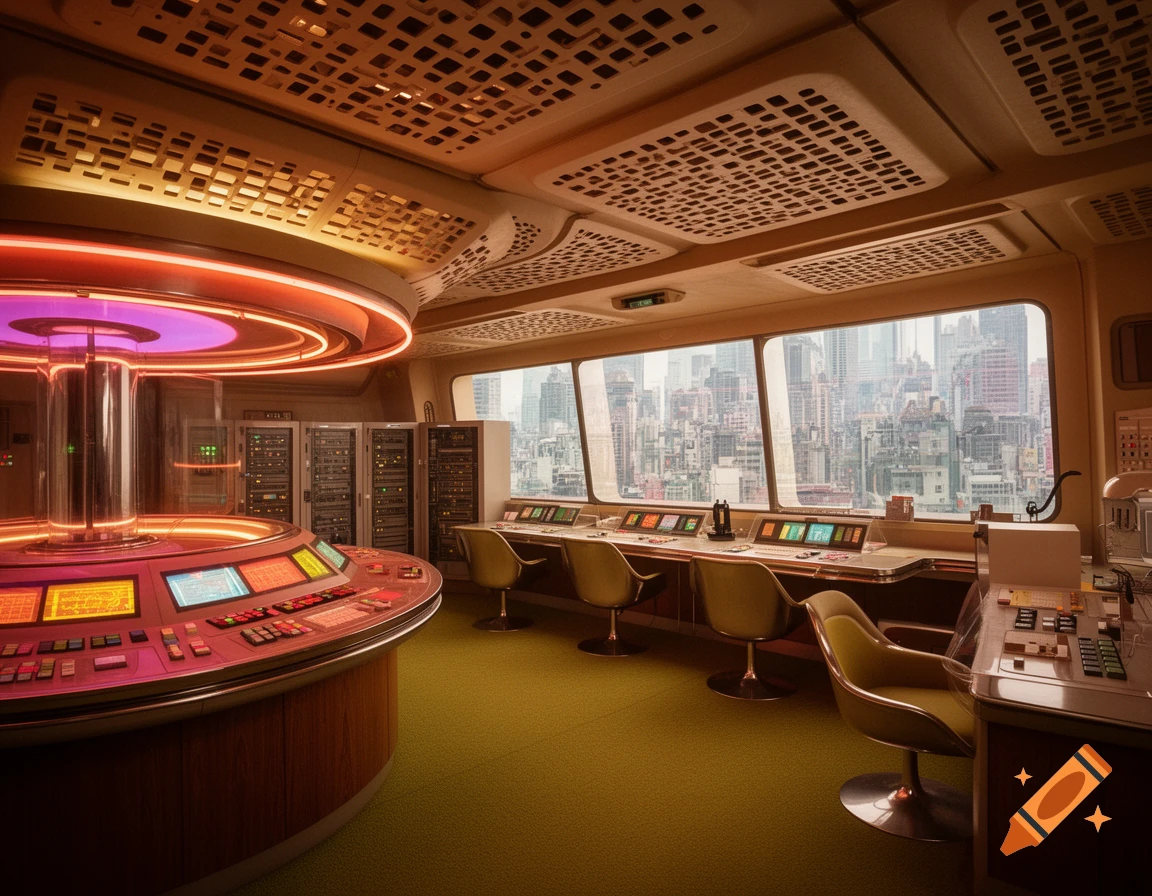 A retro-futuristic 70s research facility interior with a circular control console and a large window overlooking a city.
