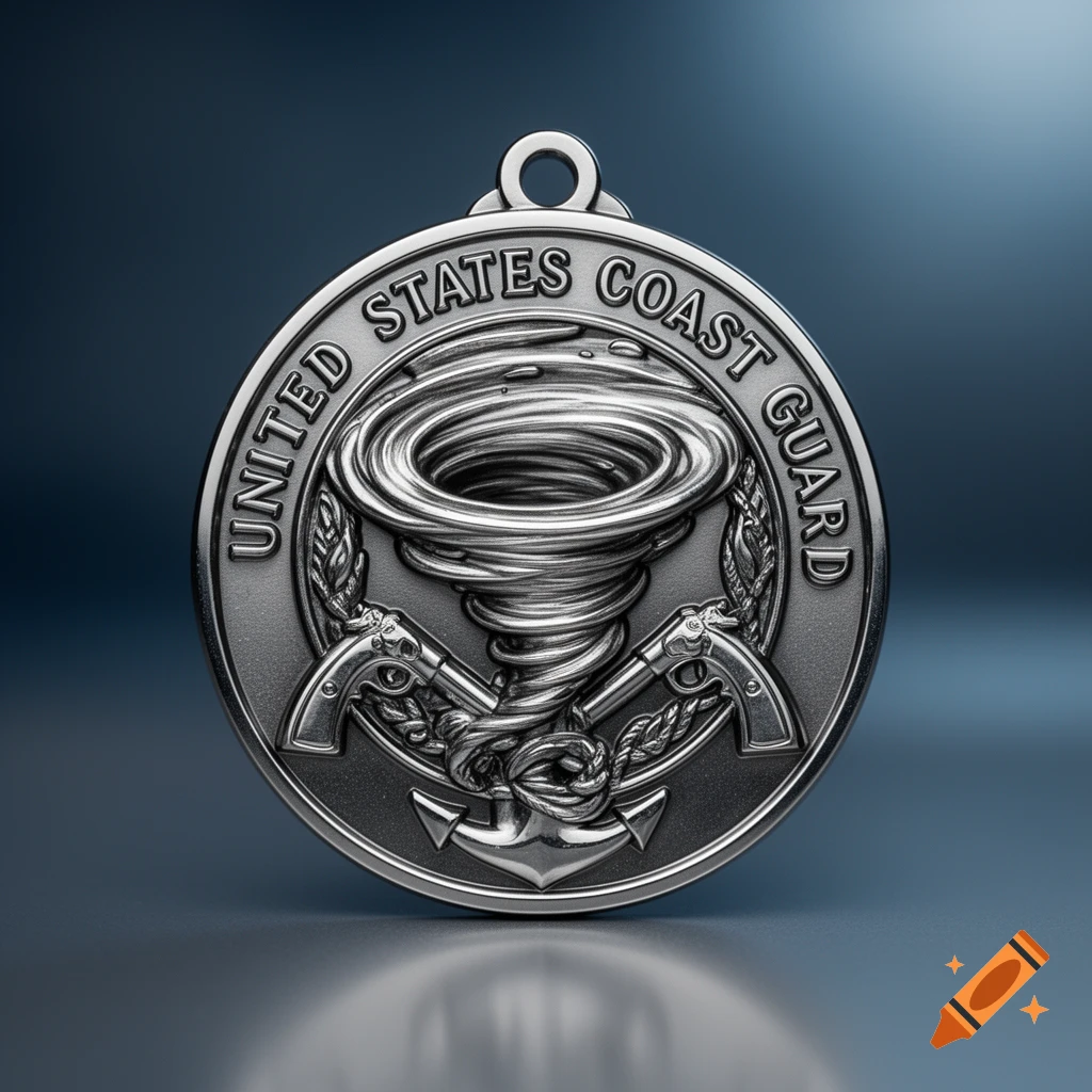 Silver medal with 'UNITED STATES COAST GUARD' text, a central tornado, crossed pistols, and an anchor.