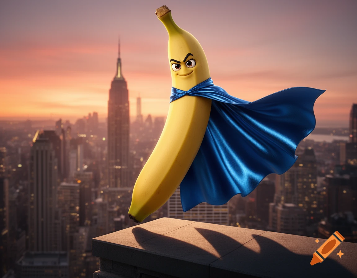A cartoon banana superhero with a blue cape hovers above a city skyline with skyscrapers at sunset.