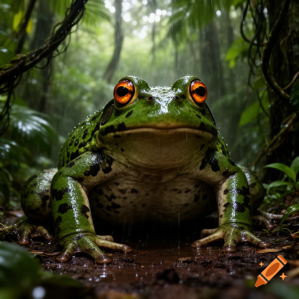 A large green frog with bright orange eyes sits on wet ground in a rainy jungle.