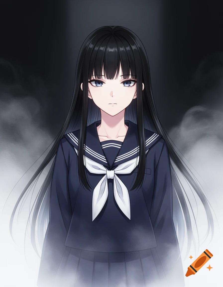 Anime illustration of a solemn Japanese schoolgirl with long black hair and cool blue eyes, wearing a dark sailor uniform, against a misty, shadowed background.