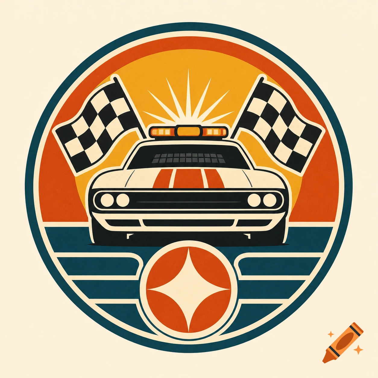 Retro 1970s logo featuring a white safety car, checkered flags, and sunburst in a circular emblem.