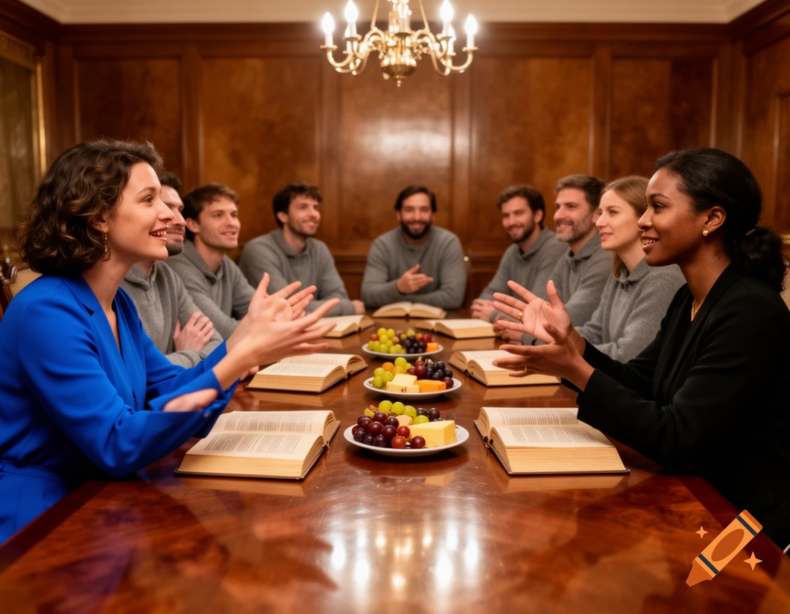 Two women, one in blue and one in black, gesticulate while talking across a wooden table with books, fruit, and cheese. Six men in gray hoodies listen in the background.