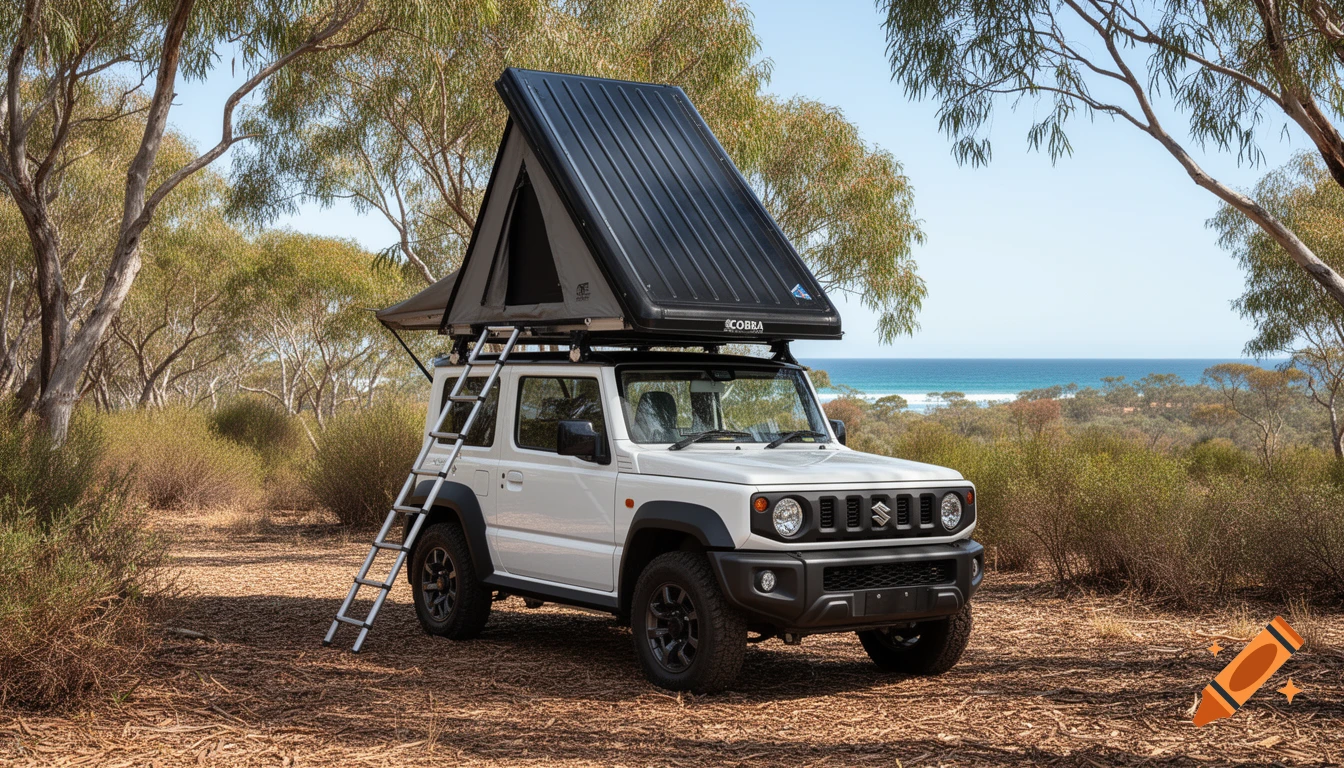 A white Suzuki Jimny 4x4 with a black rooftop tent and ladder parked on a dirt path in an Australian bush setting, with the ocean visible in the background.