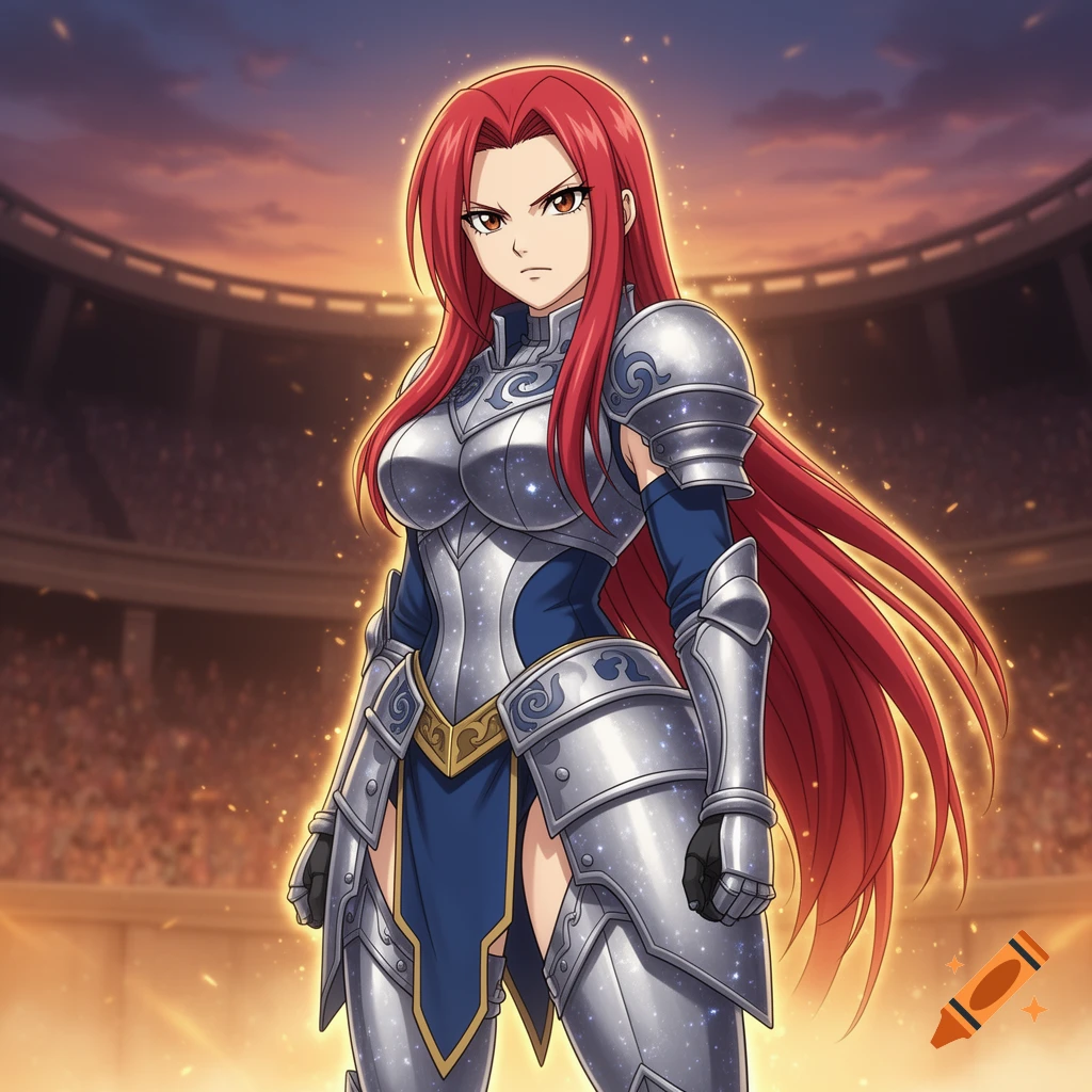 Red-haired anime female warrior in shining silver armor and blue tunic, standing defiantly in a fiery arena at sunset.
