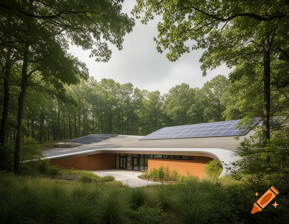 A modern school building with solar panels on its curved roof, nestled in a lush green forest on an overcast day.