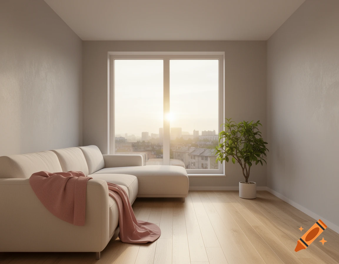 A modern living room with a cream sectional sofa, a pink throw, a potted plant, and a large window overlooking a city at sunset.